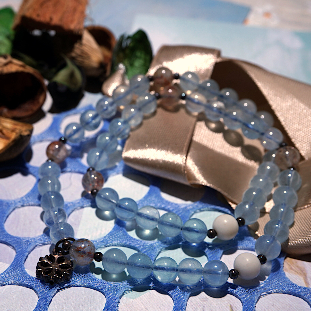 YAN Blue Bead Bracelet Aquamarine & Quartz Long Bracelet Style