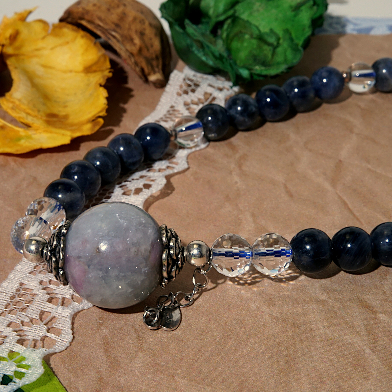 YAN Blue Bead Necklace Cordierite & Tourmaline Short Necklace Style