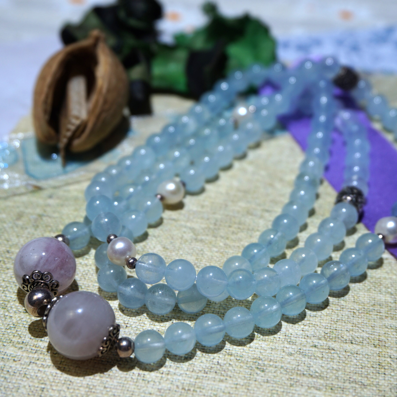 YAN Pink Blue Necklace Aquamarine & Quartz Long Necklace Style