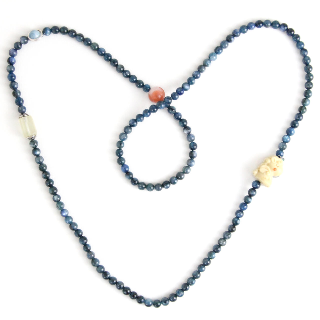 YAN Blue Bead Necklace Kyanite & Gold Jade Long Necklace Style