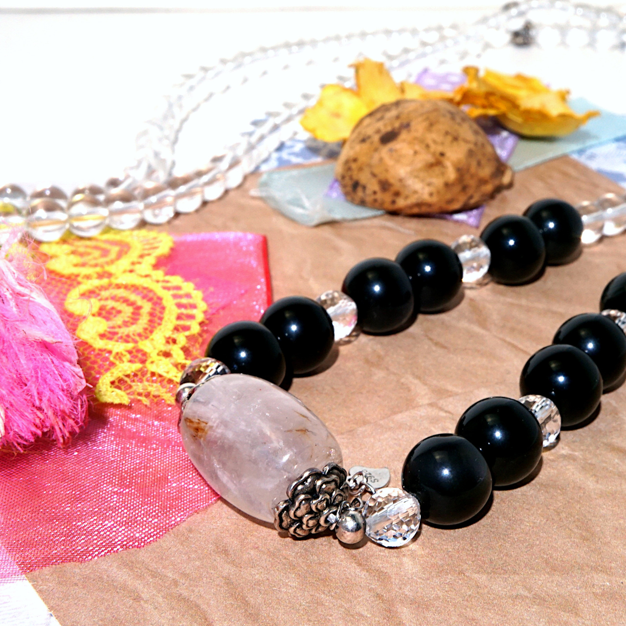 YAN Crystal Black Necklace Quartz & Obsidian Long Necklace Style