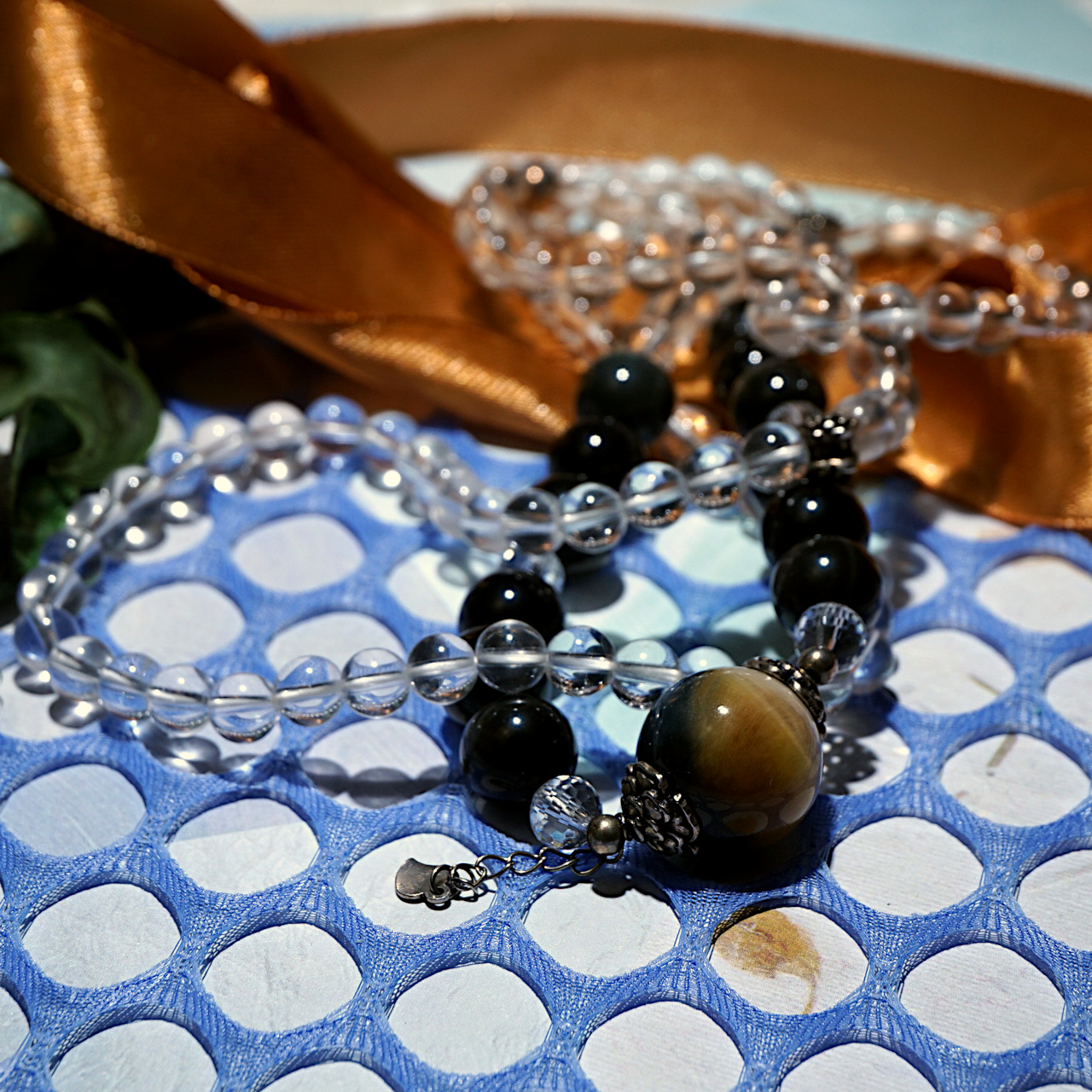 YAN Black Crystal Necklace Obsidian & Tiger's Eye Long Necklace Style