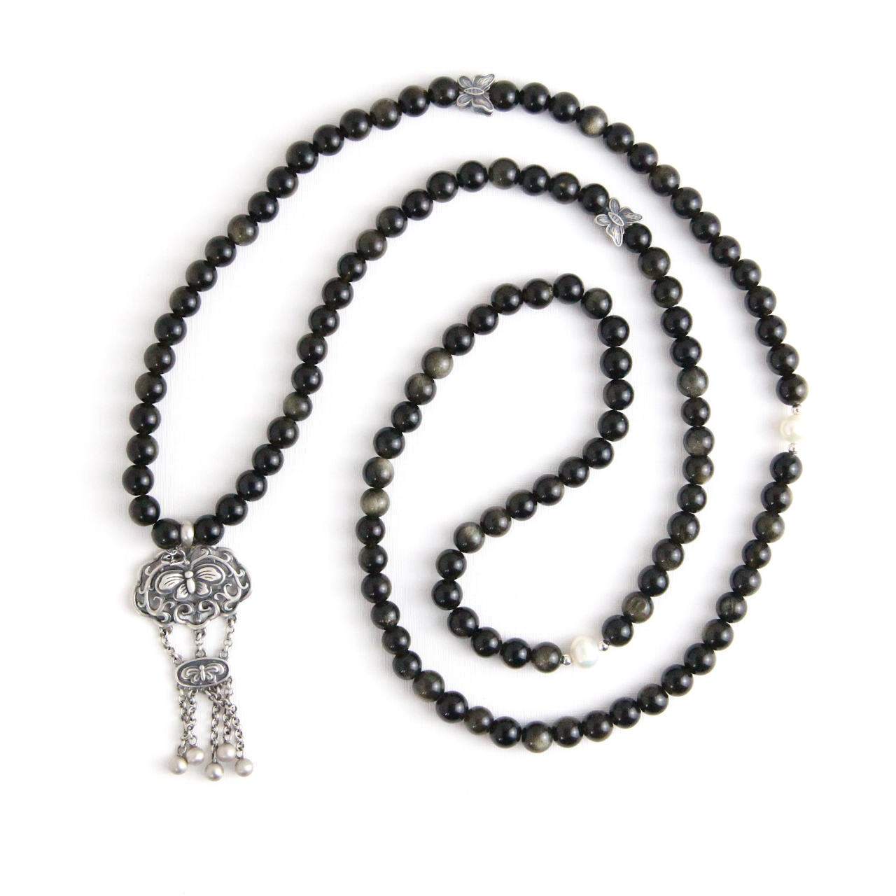 YAN Black Pendant Necklace Obsidian & Pearl Long Necklace Style