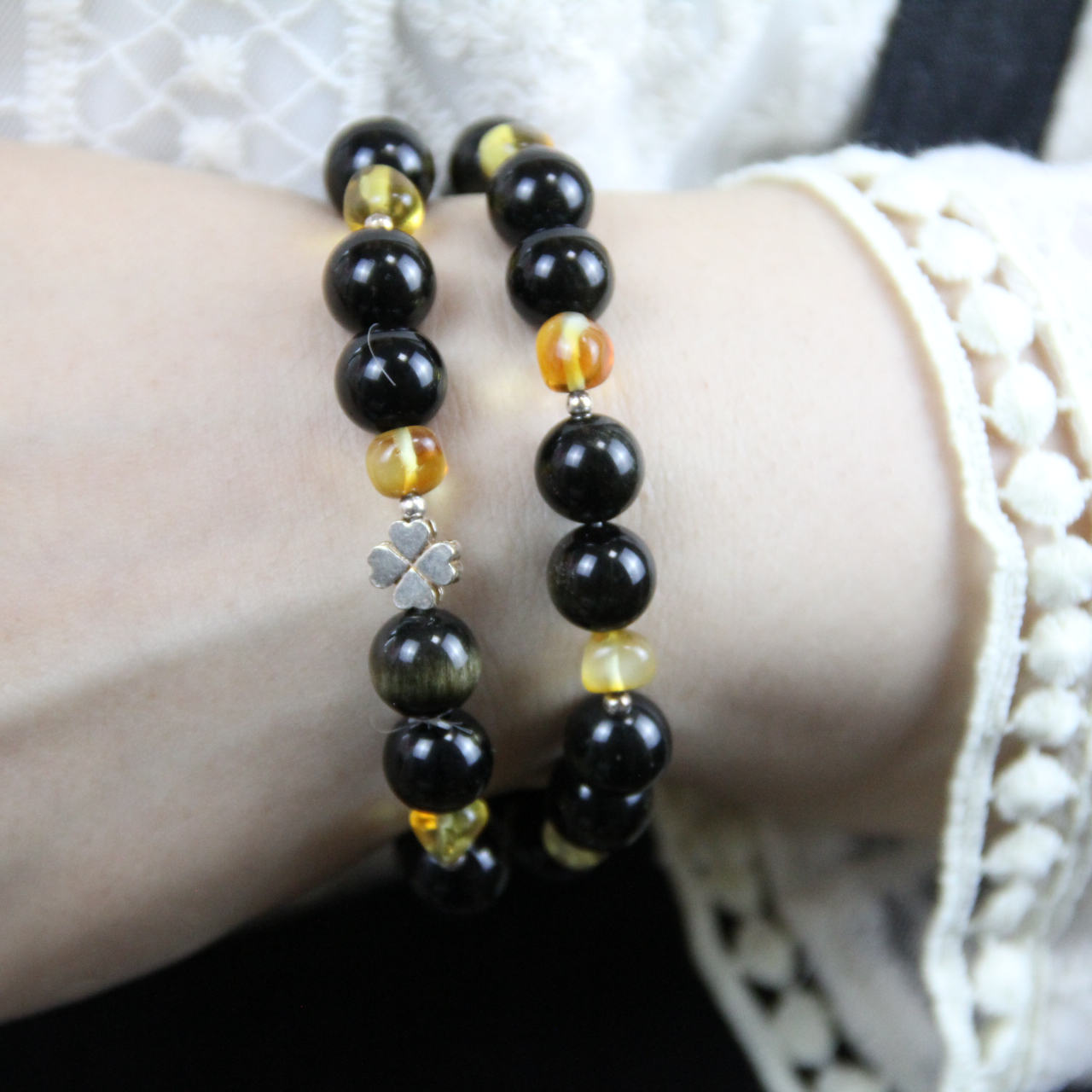 YAN Black Bead Bracelet Obsidian & Amber Long Bracelet Style