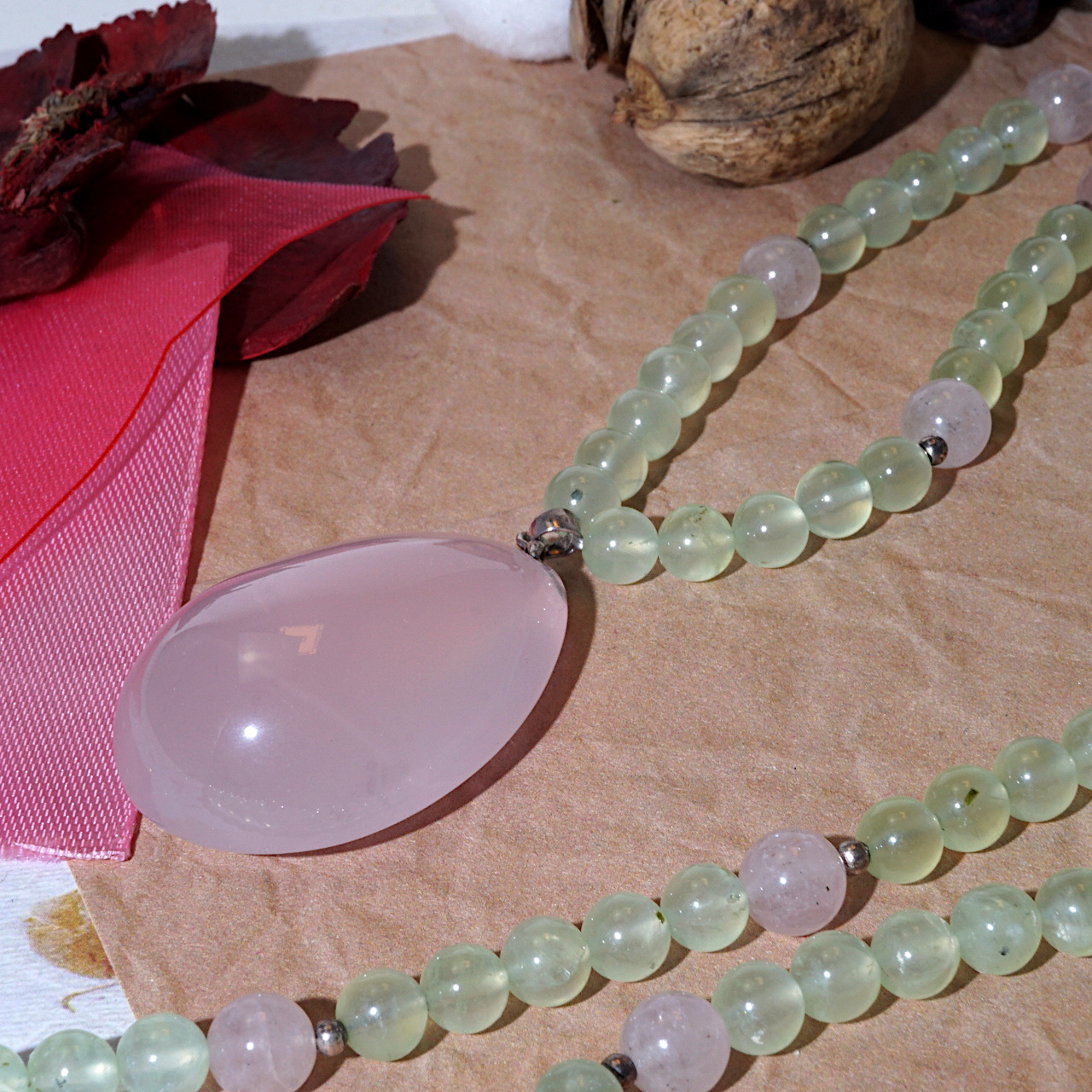 YAN Pink Pendant Necklace Prehnite & Quartz Long Necklace Style