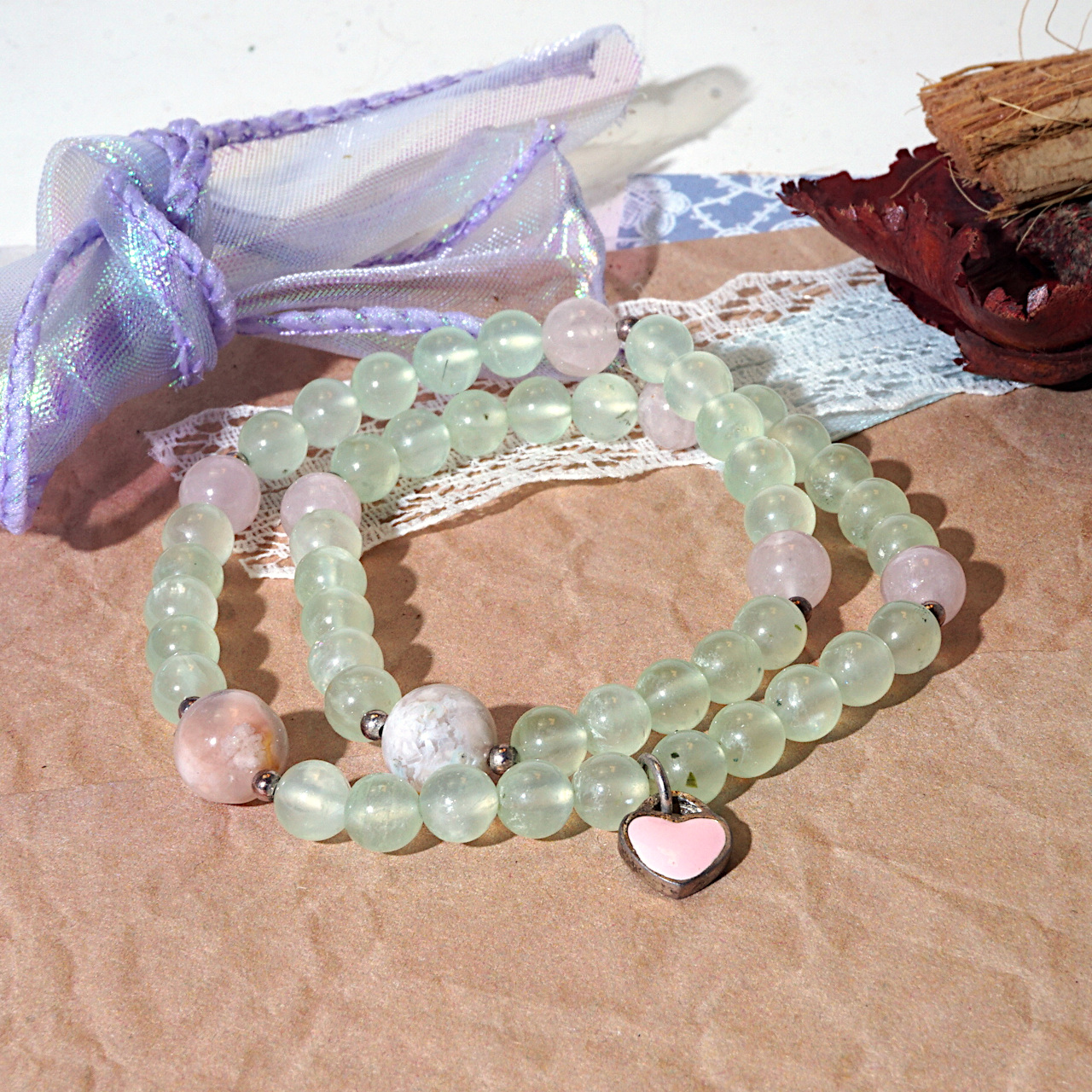 YAN Green Pendant Bracelet Prehnite & Quartz Long Bracelet Style