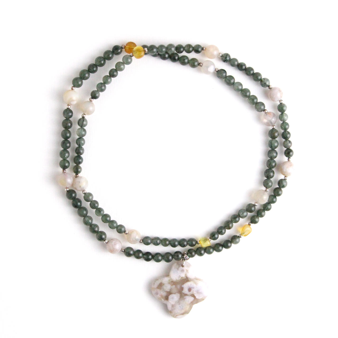 YAN Green Bead Necklace Quartz & Agate Long Necklace Style