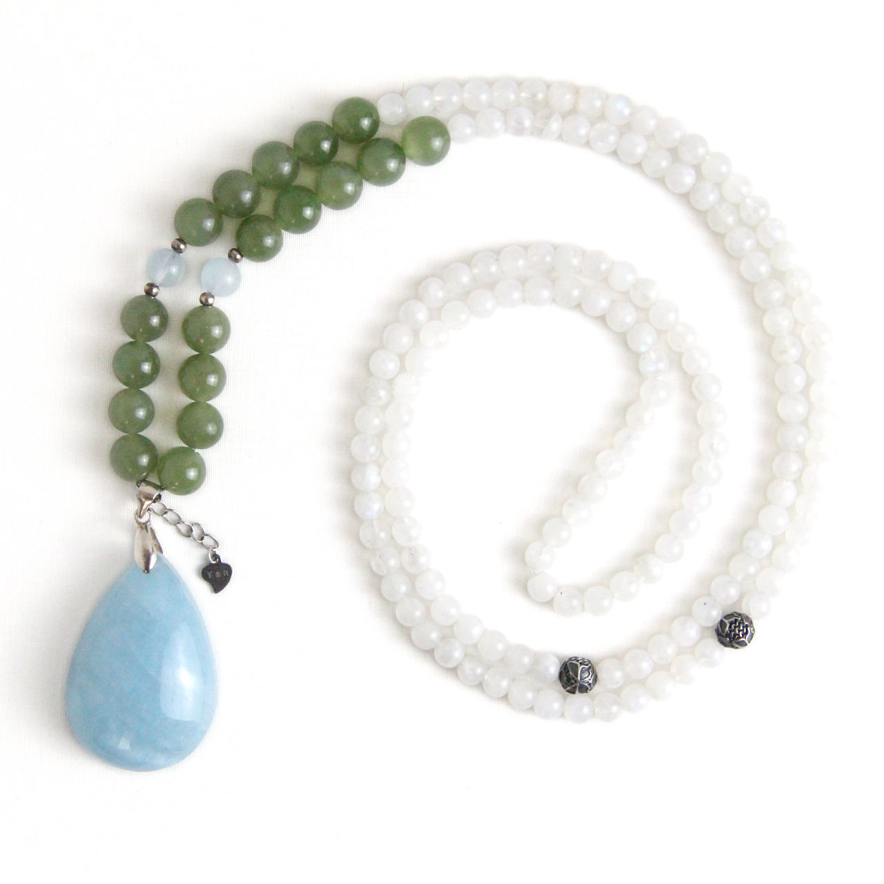 YAN Blue Teardrop Pendant Necklace Nephrite & Aquamarine Long Necklace Style