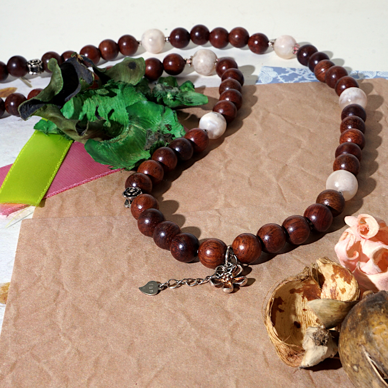 YAN Wood Bead Bracelet Rosewood & Agate Long Bracelet Style