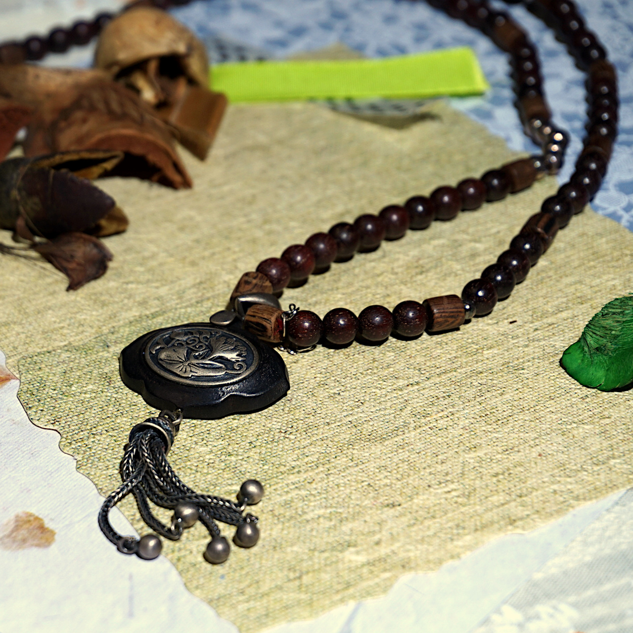 YAN Wood Pendant Necklace Sandalwood & Wingwood Long Necklace Style