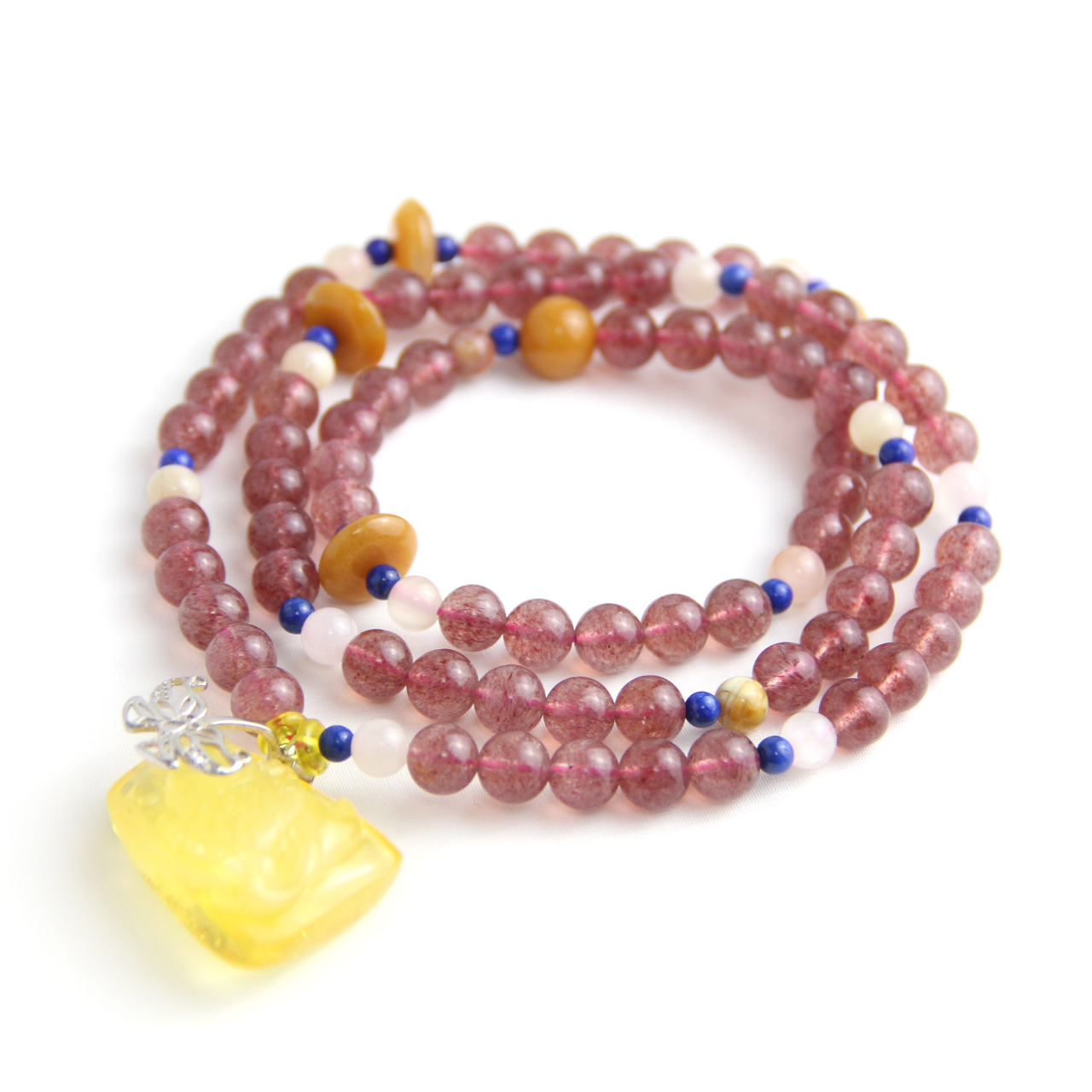 YAN Pink Necklace Strawberry Quartz & Dragon Jade Long Necklace Style