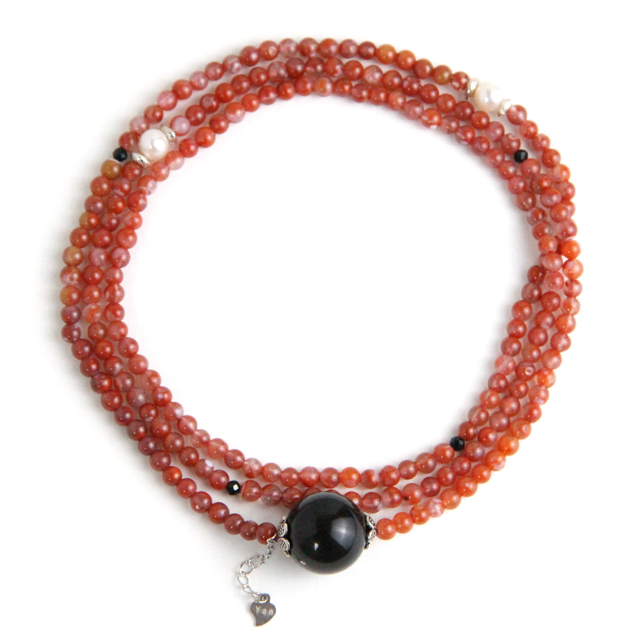 YAN Red Bead Necklace Agate & Obsidian Long Necklace Style