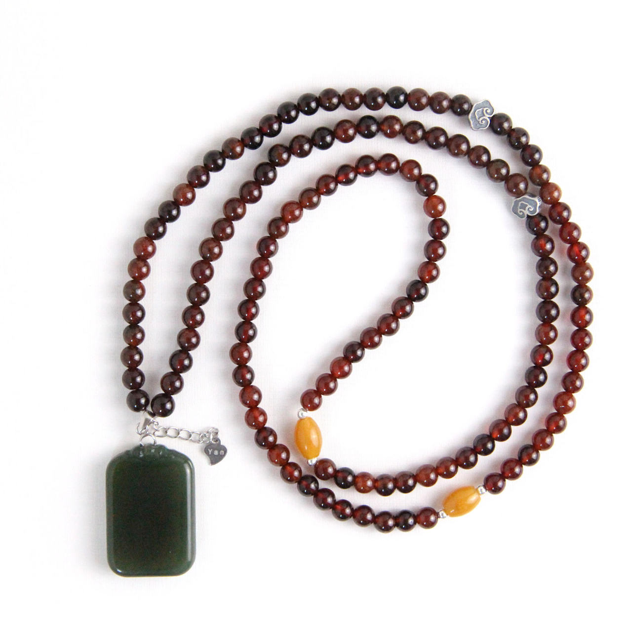 YAN Red Pendant Necklace Garnet & Nephrite Long Necklace Style