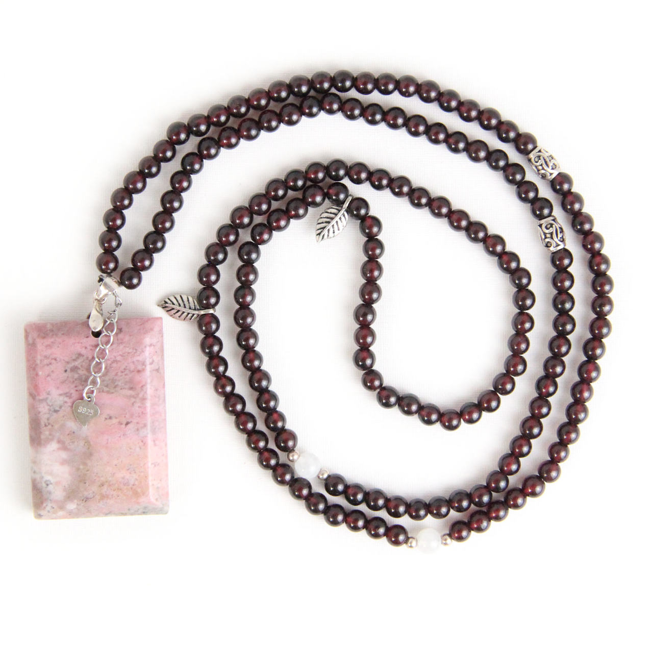 YAN Pink Pendant Necklace Garnet & Rhodonite Long Necklace Style