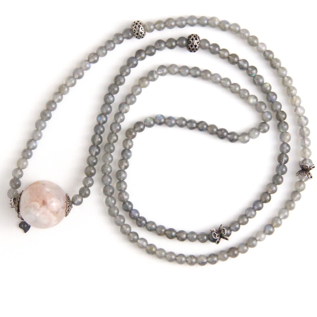 YAN Silver Bead Necklace Moonstone & Agate Long Necklace Style