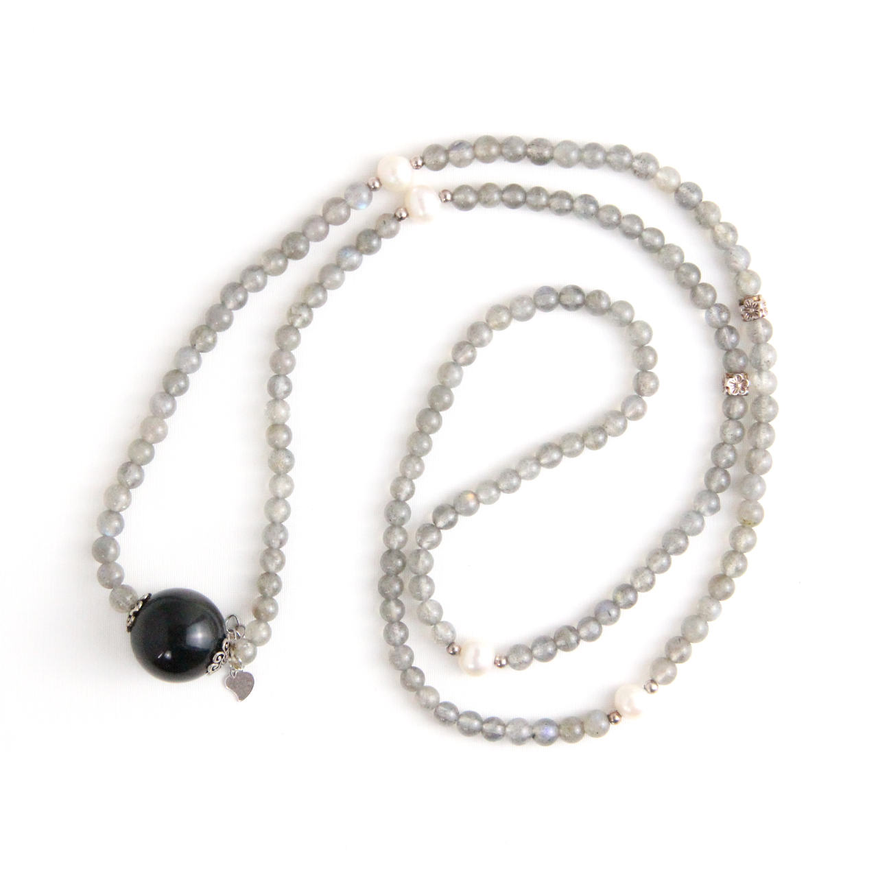 YAN Silver Bead Necklace Moonstone & Obsidian Long Necklace Style