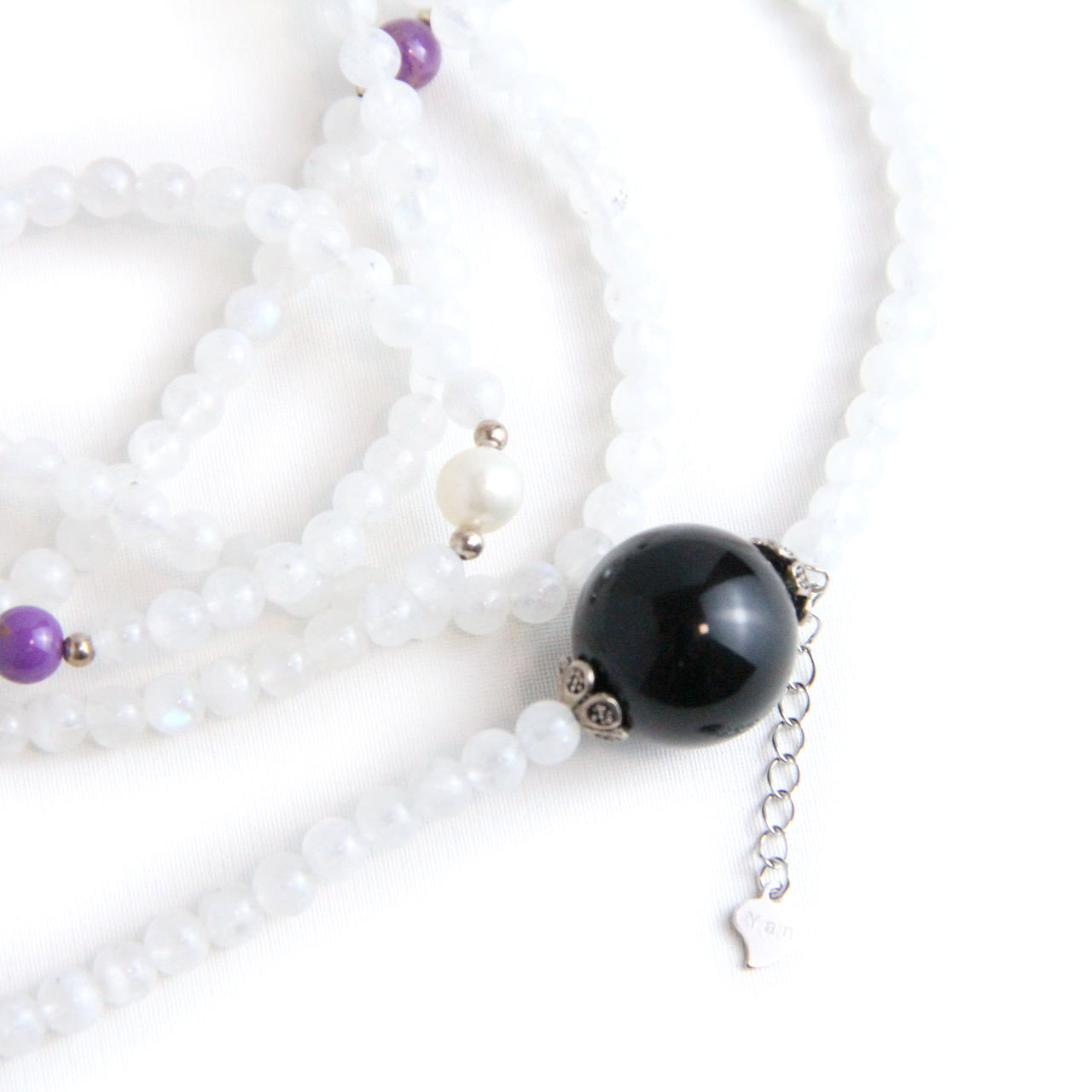 YAN White Moonstone Necklace Phosphosiderite & Obsidian Long Necklace Style