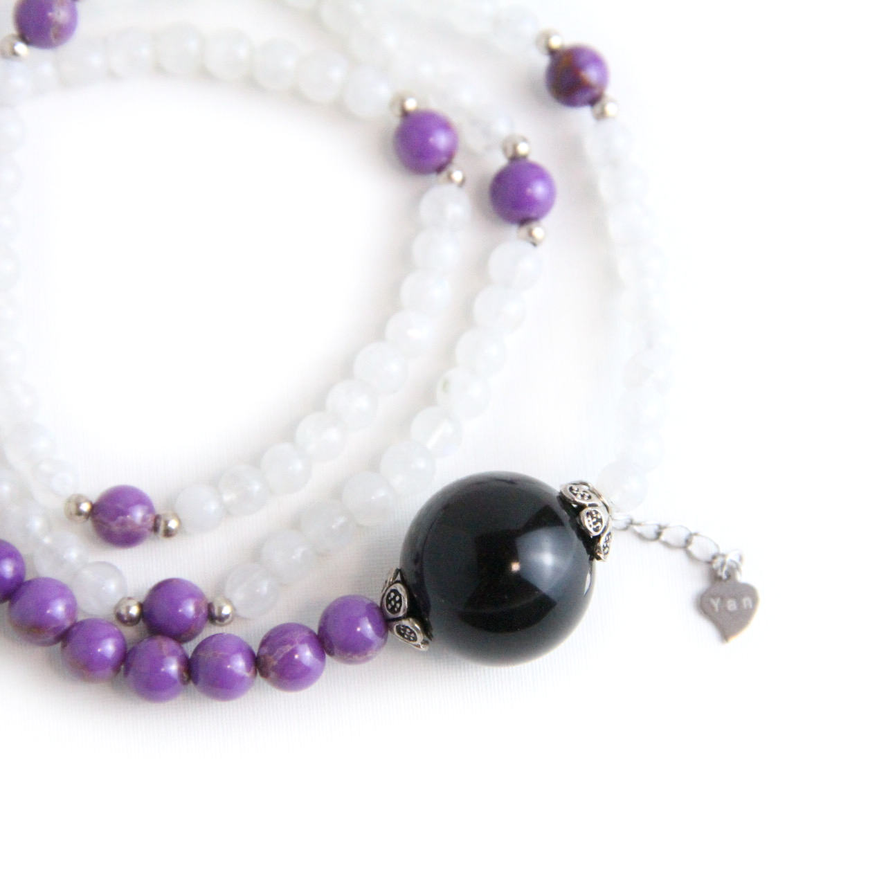 YAN White Moonstone Bracelet Phosphosiderite & Obsidian Long Bracelet Style