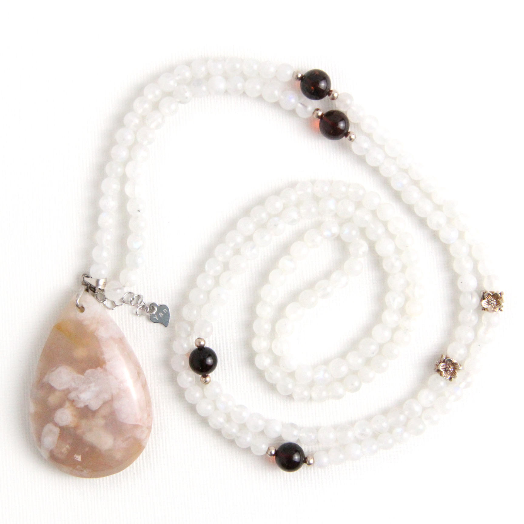 YAN White Pendant Necklace Moonstone & Agate Long Necklace Style