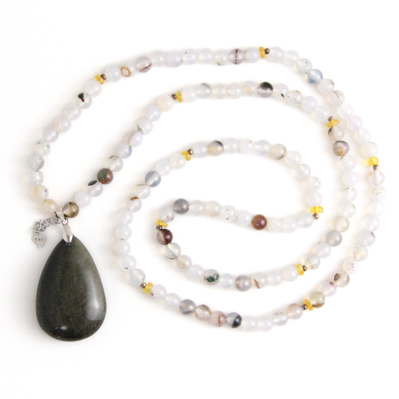 YAN White Pendant Necklace Agate & Obsidian Long Necklace Style