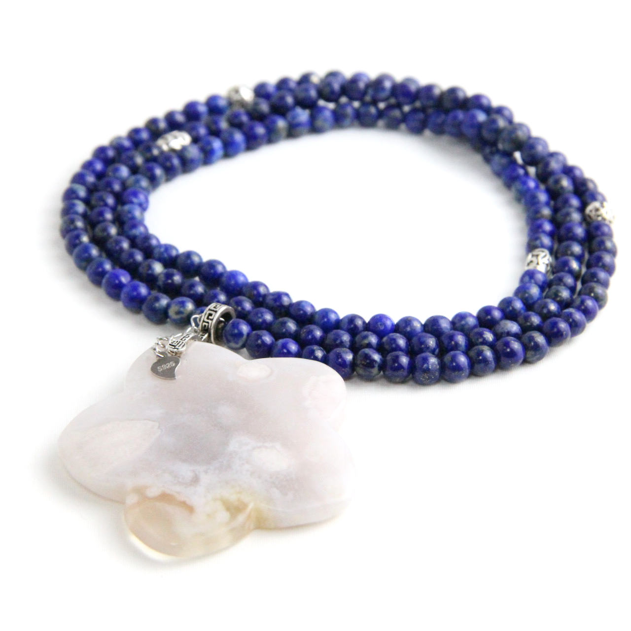 YAN Blue Pendant Necklace Agate Flower Pendant Lapis Lazuli Bead Long Necklace Style