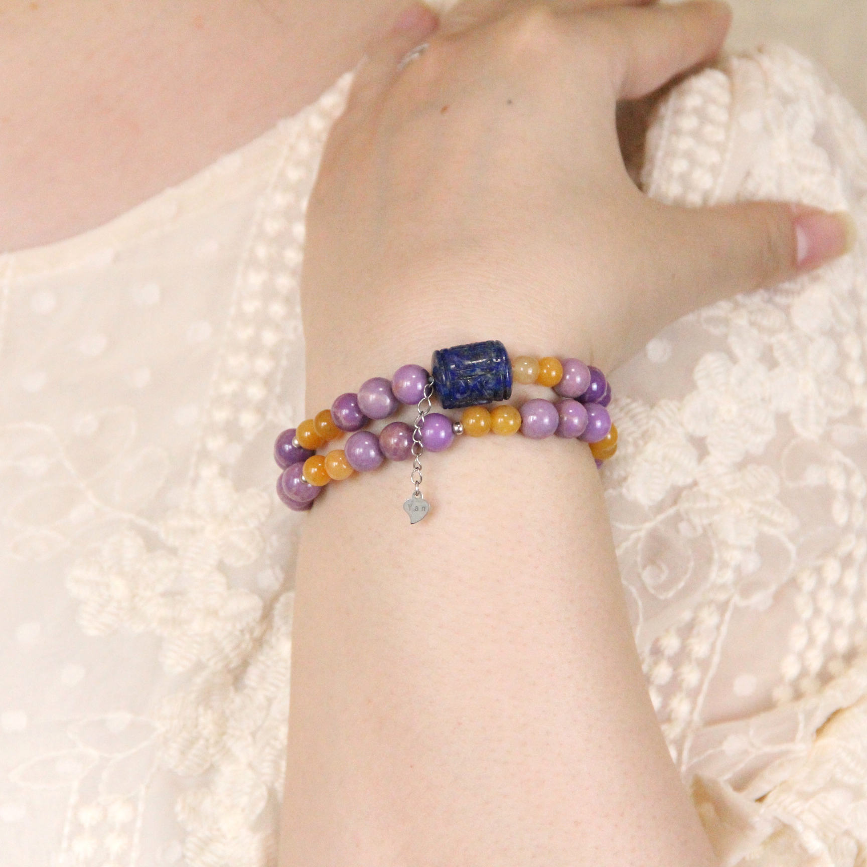 YAN Purple Bead Bracelet Phosphosiderite Lapis Lazuli Bead Double Long Bracelet