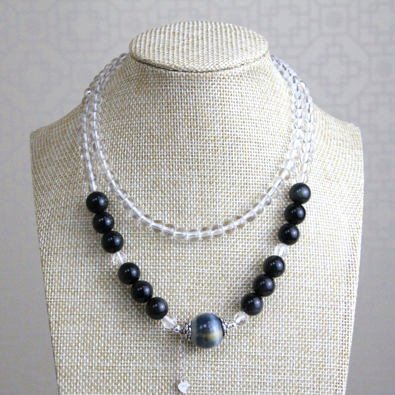 YAN Black Crystal Necklace Obsidian Tiger's Eye Bead Long Necklace Style