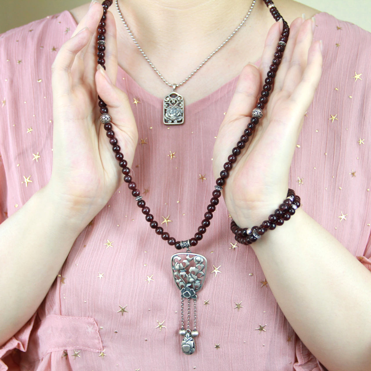 Red garnet bead necklace with silver pendant and matching bead bracelet