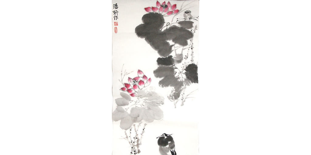 YAN Egret bird below pink lotus flowers traditional Chinese painting