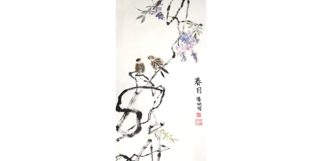 Sparrows perched upon purple wisteria by YAN