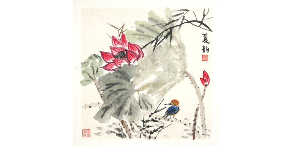 YAN Pink lotus flower and bird traditional Chinese painting
