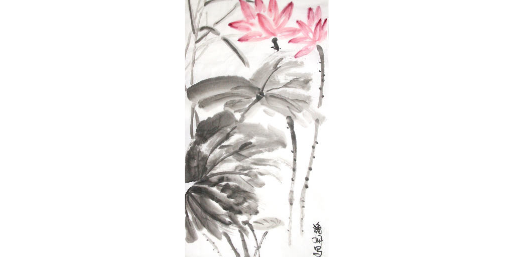 Traditional Chinese painting of pink lotus flowers