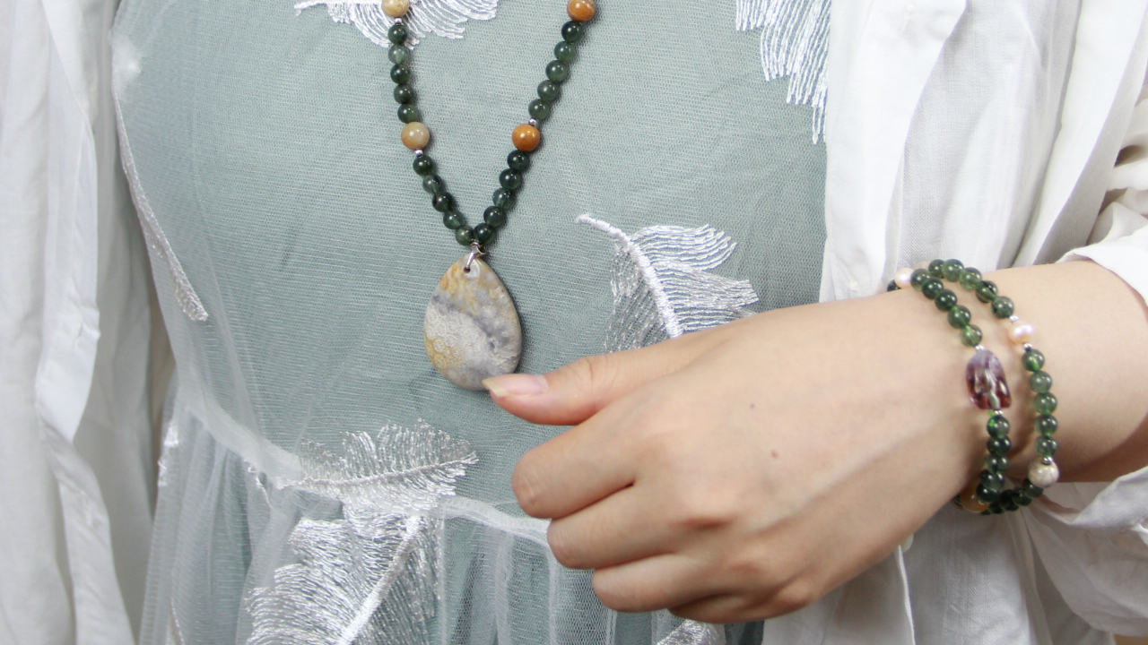 YAN Wood jewellery fossilized jade and rutilated quartz necklace bracelet