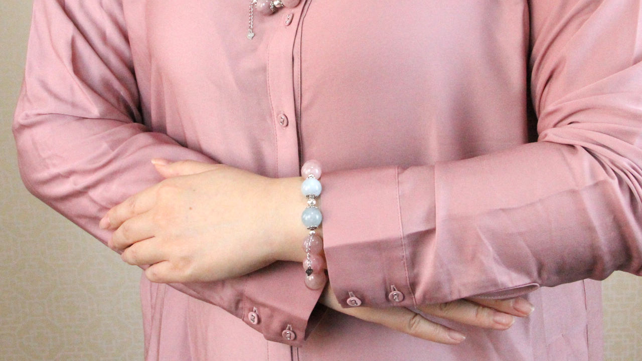 YAN Blue aquamarine, pink rose quartz, gemstone bead bracelet