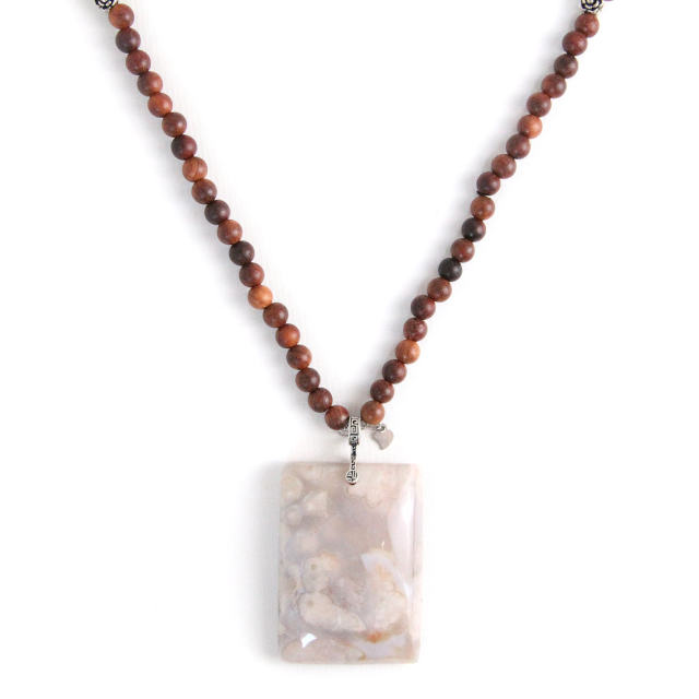 YAN Brown Wood Pendant Necklace Agate Pendant Rosewood Bead Long Necklace Style