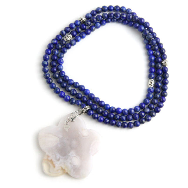 YAN Blue Pendant Necklace Agate Flower Pendant Lapis Lazuli Bead Long Necklace Style