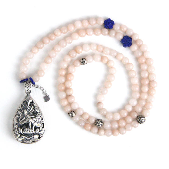 YAN Pink Pendant Necklace 925 Silver Lotus Pendant Aventurine Quartz Bead Long Necklace Style