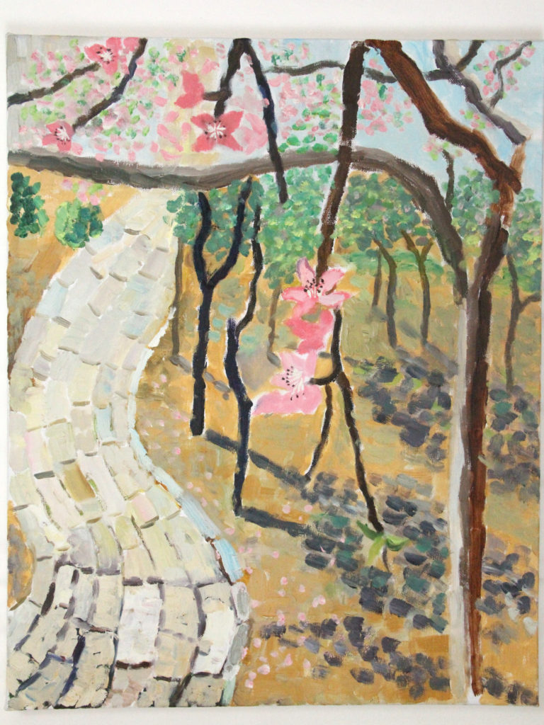 Modern art article oil painting of path by peach flower by Pan Yan