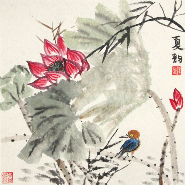 YAN Art Chinese painting lotus flower and kingfisher scene ws