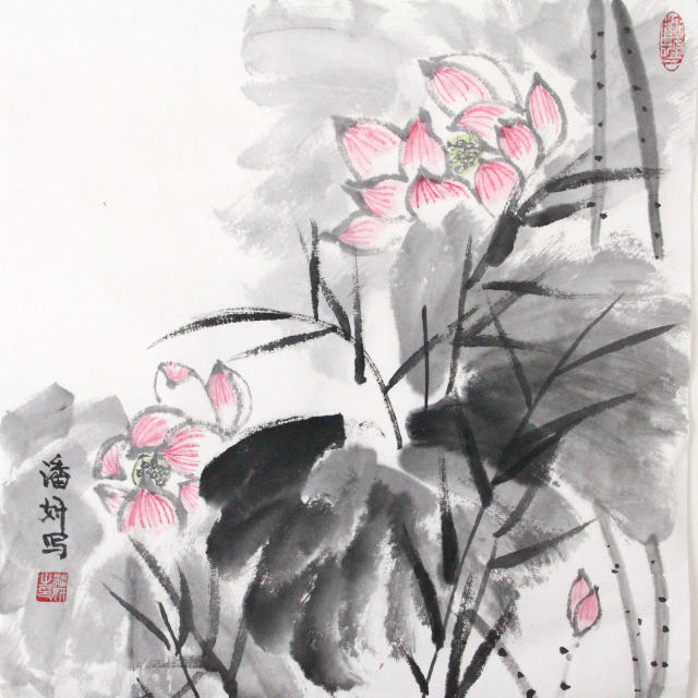 YAN Art Chinese painting lotus flowers among leaves ws