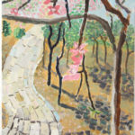 YAN Art oil painting stone path through pink flowered wood ws